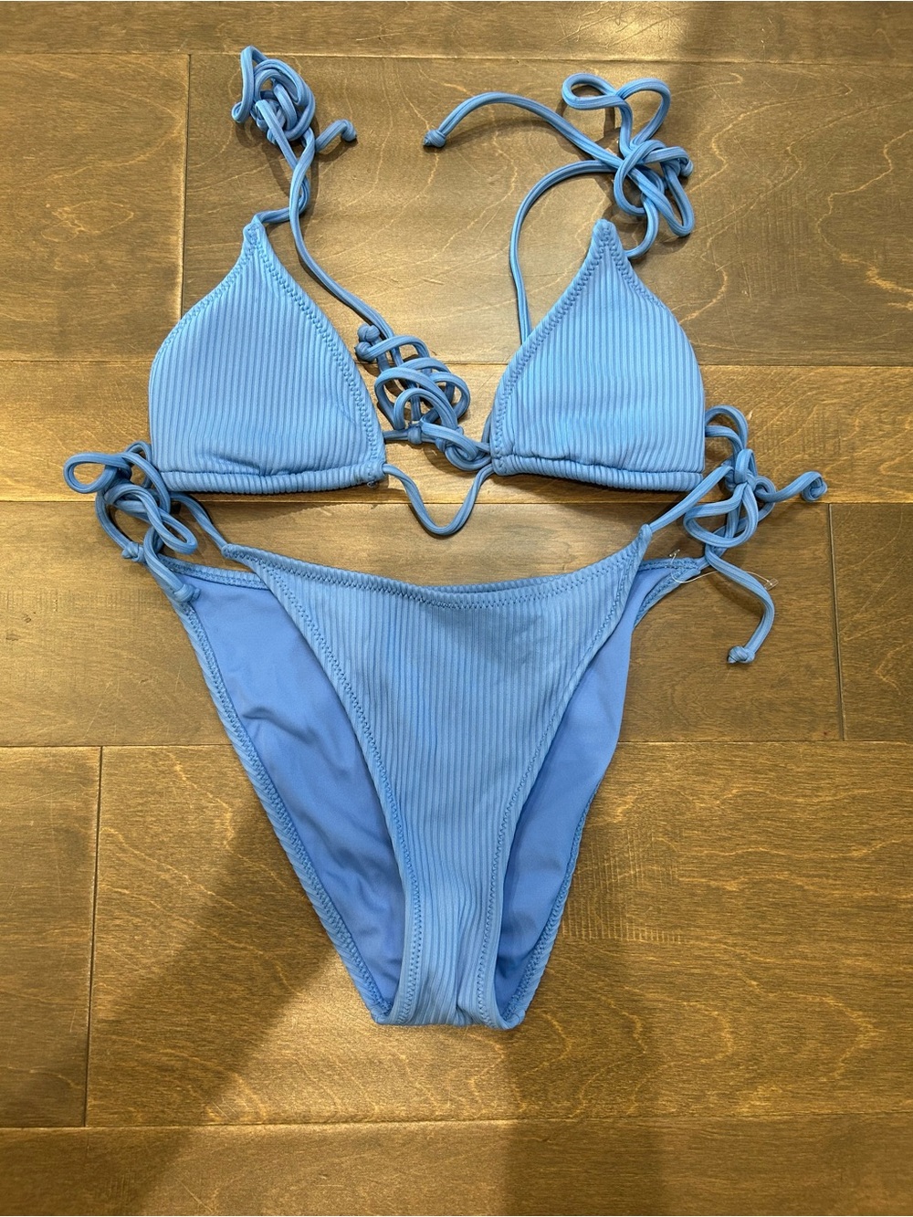 La Hearts Light Blue Ribbed Triangle String Bikini